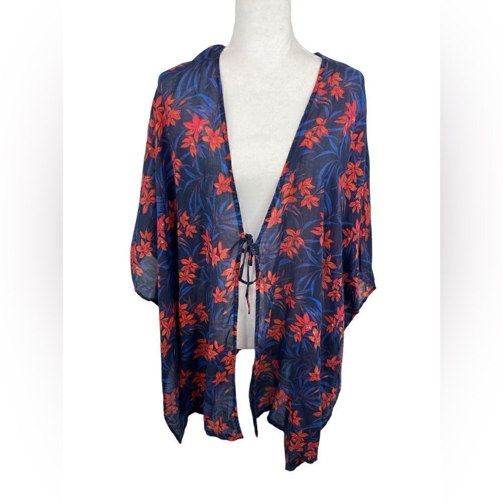 Denim & Co. Women's Beach Tie-Front Cover-Up Top Navy Blue Tropical L/XL